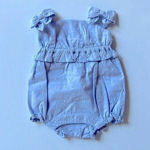 Janie and Jack NWT 0-3 Months, Light Blue Chambray Onesie, Straps with Bows